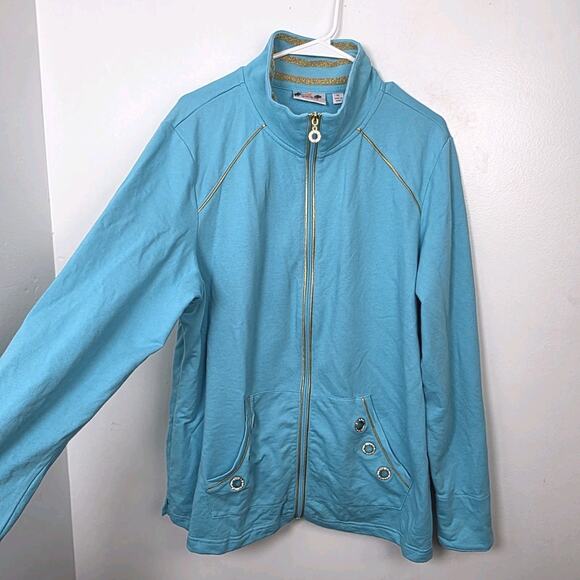 Quacker Factory Blue Gold Rhinestone Grommet Mock Neck Artsy Jacket Size XL - Picture 1 of 8